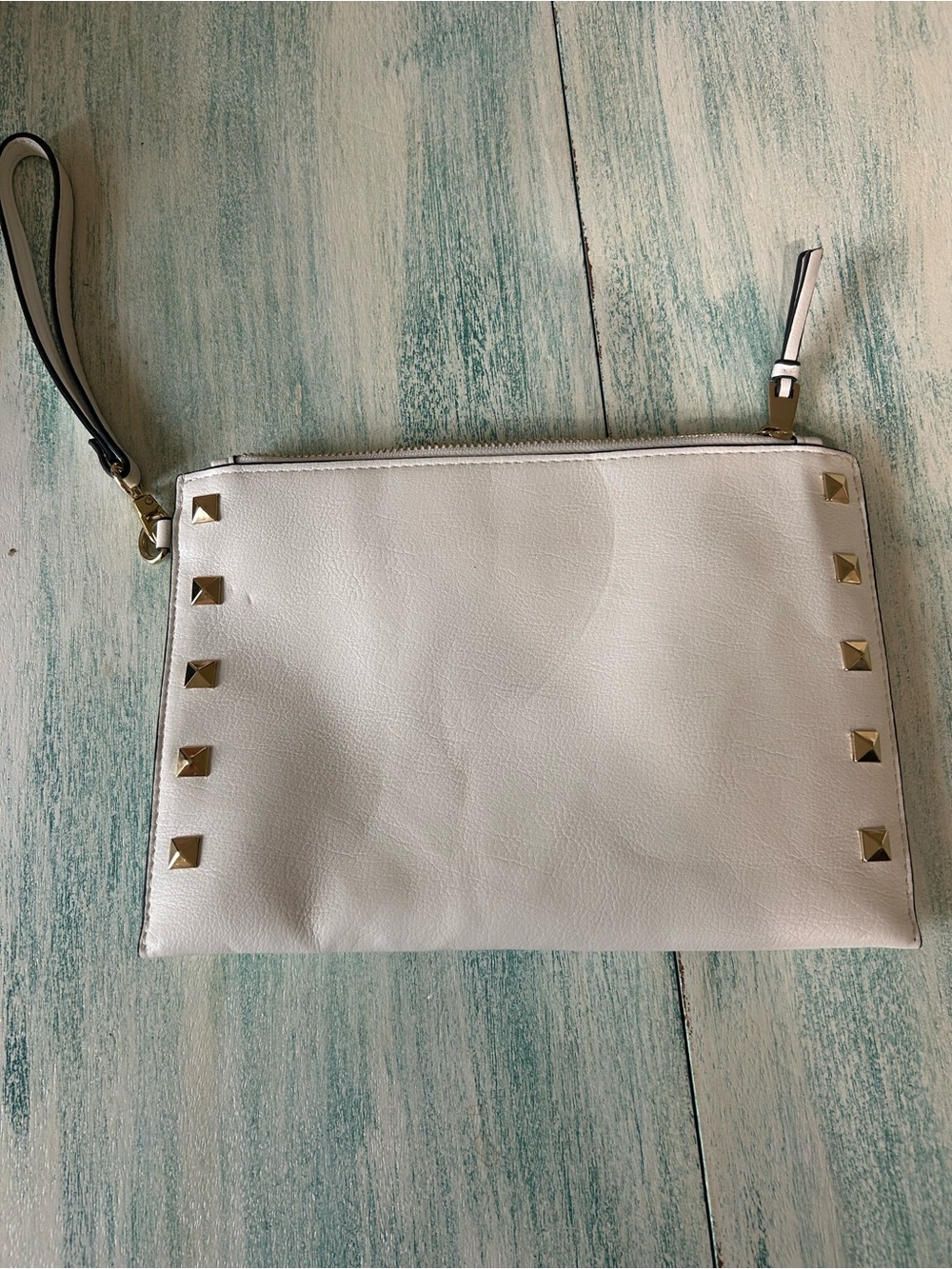INC International Concepts White Leather Wristlet Clutch with Gold Studs